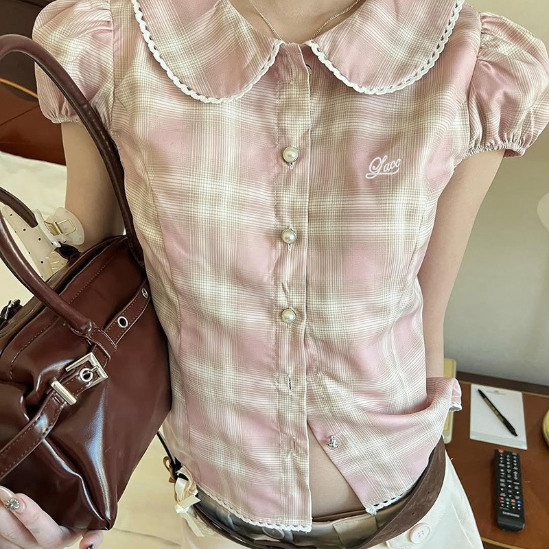 Sweet and Cute Pink Plaid Puff-Sleeve Waist-Cinching Slim-Fit Short-Sleeve Shirt for Women with Small Floral Print and Lace Trim Short Top