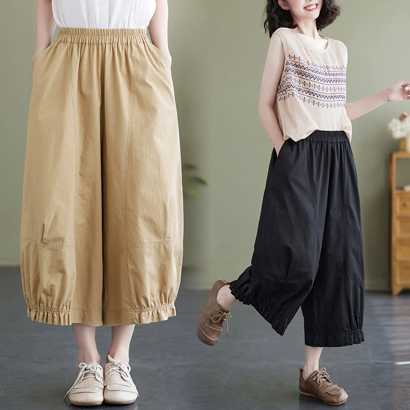 Реальный снимок # Летние брюки 2025 года нового стиля из чистого хлопка, большие размеры, повседневные модные универсальные брюки с широкими штанинами три четверти для женщин