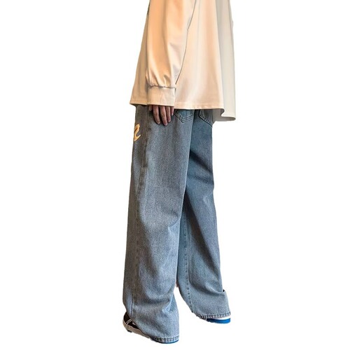 American Street Pop Letter Denim Jeans for Men - Spring and Autumn New Streetwear Loose Straight Leg Wide Leg Long Pants