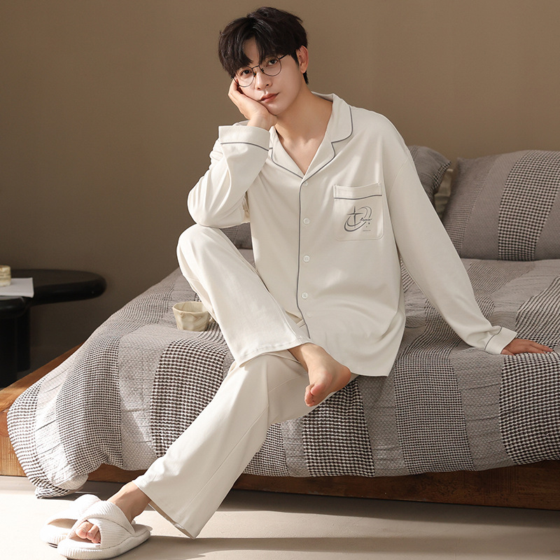 Men's Pajamas Spring and Autum New Pure Cotton Cardigan Long-Sleeved Pants Two-Piece Winter Large Size Home Wear Set