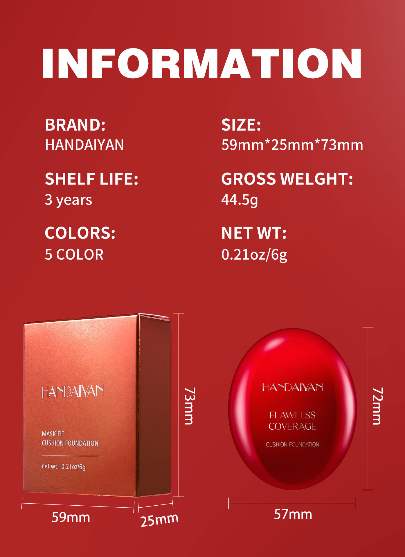 handaiyan 5-color oval red shell cushion Foundation, Clear and natural concealer and Contouring Cross-border Foundation undefined