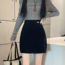 小个子水貂绒针织半身裙女早春纯色百搭高腰甜辣风a字包臀短裙子