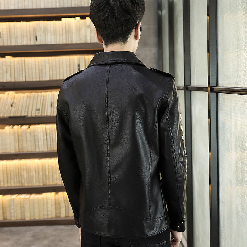 Men's Leather Jacket Autumn and Winter Korean Style Lapel Leather Coat Motorcycle Jacket Trendy Fleece-Lined Outerwear Thickened Warm Jacket