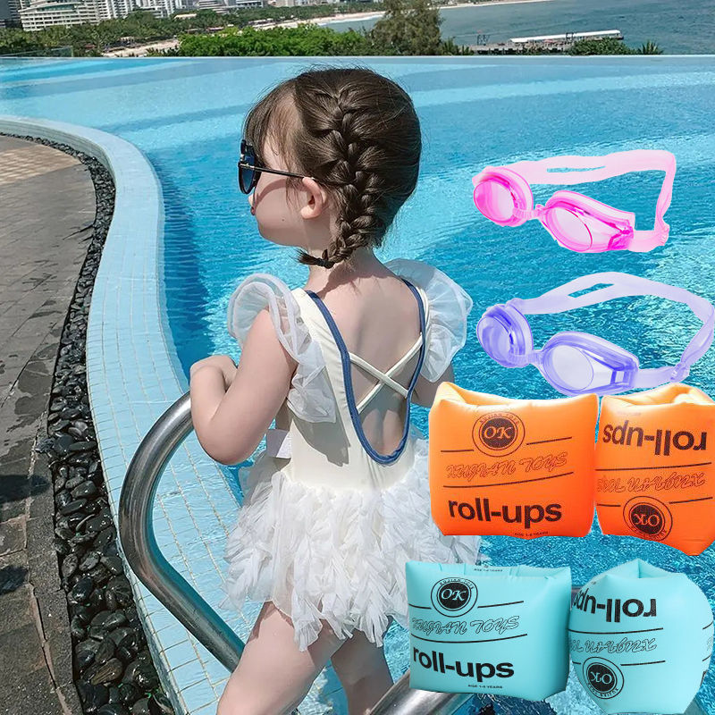 Niña traje de baño beige con gafas de baño + brazaletes