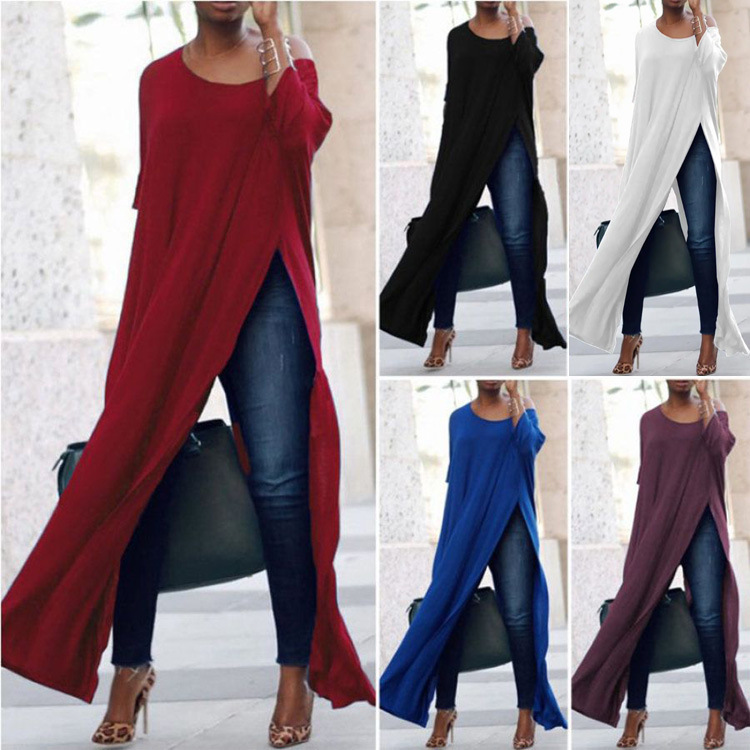 Amazon Cross-border European and American Women's Spring and Summer Women's Side Slit Cross Shoulder Long Dress Sexy Solid Color Round Neck Mid-sleeve Dress Amazon Cross-border European and American Women's Spring and Summer Women's Side Slit Cross Shoulder Long Dress Sexy Solid Color Round Neck Mid-sleeve Dress