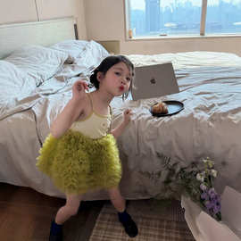 韩版女童2026夏季气质显白针织拼接刺绣爱心甜美蓬蓬纱裙背心裙子