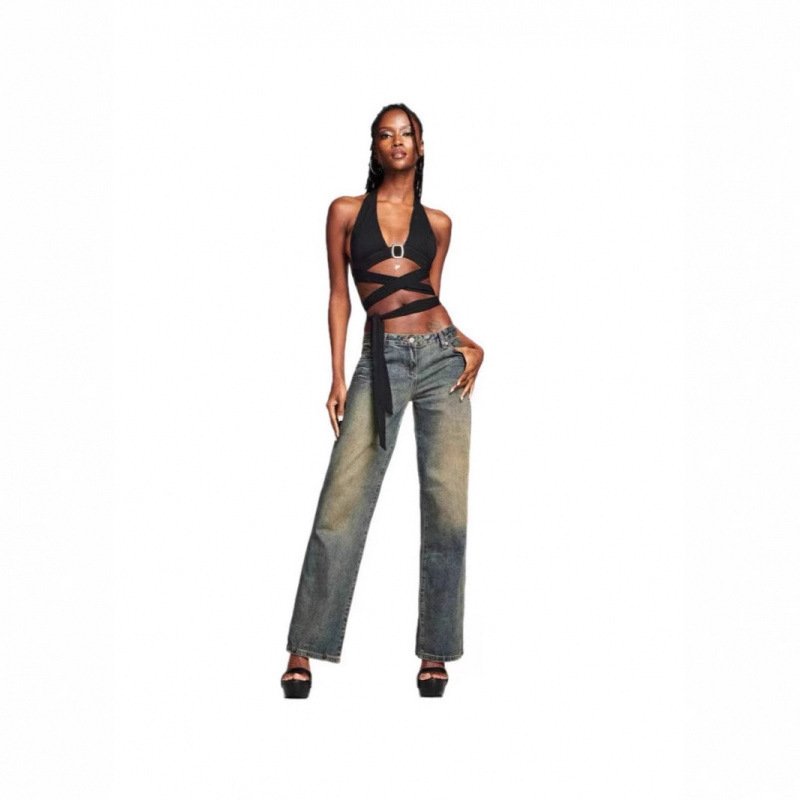 Iamgia European and American Spice Girls Old Vintage Jeans Bella Same Style Low Waist Straight Loose Straight Trousers