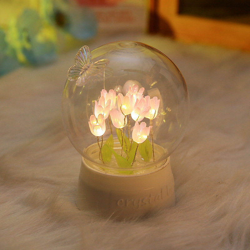 Bola de cristal, flor de rosa, tulipán, luz nocturna, red roja, luz de ambiente de bricolaje, regalo de cumpleaños para novios, día de San Valentín