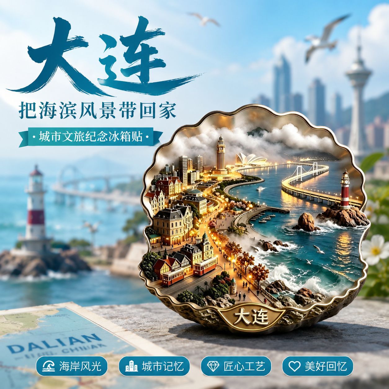 新款【大连】金属浮雕冰箱贴旅游纪念品伴手礼地标磁吸大连冰箱贴