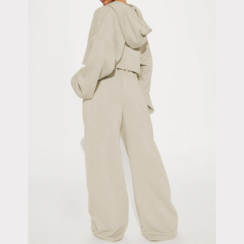 Vêtements pour femmes automne femmes décontracté à capuche devant zip pull jambe large pantalon ample costume_voghion.com