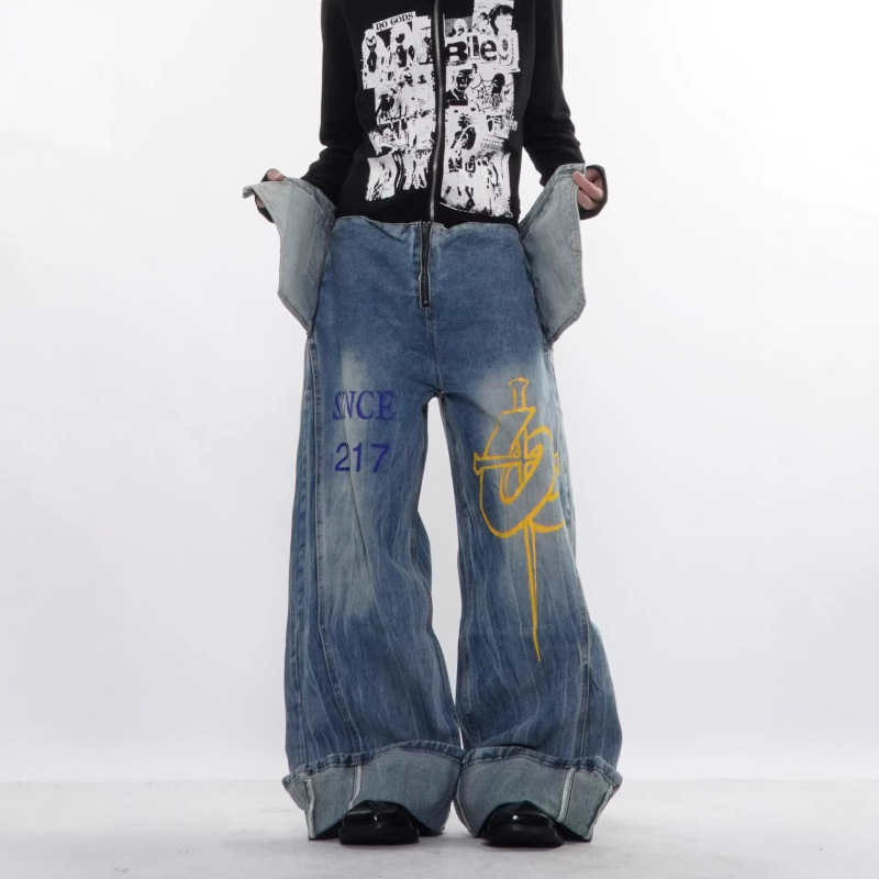 Street-Style Design Patchwork Layered Skirt-Pants for Men, Faux Two-Piece Letter Print Washed Denim Floor-Length Jeans