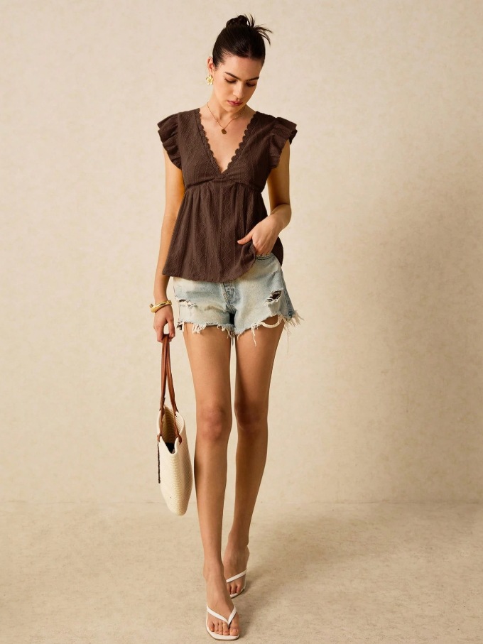 2026 European And American Cross Border Women's Spring And Summer New Fashionable Hollow V-neck Lotus Leaf Short Sleeved Lace T-shirt Top_ecoleips.com
