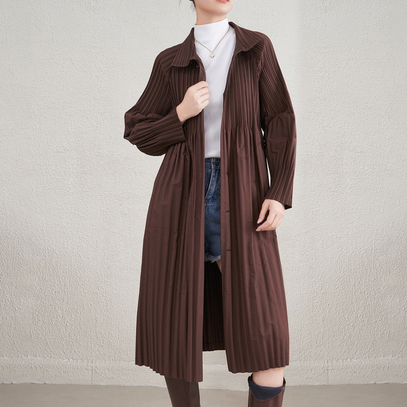 Miyake Style Pleated Long Outwear Women's Spring & Fall New High-End Mid-Length Outwear Windbreaker Elegant Outwear Women Miyake Style Pleated Long Outwear Women's Spring & Fall New High-End Mid-Length Outwear Windbreaker Elegant Outwear Women