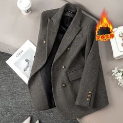 灰色条纹西装外套女秋冬加厚加棉休闲小个子感羊毛呢西服上衣