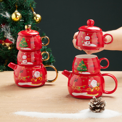 Amazon Best-Selling Gold Plated Tea Set Christmas Gift One Pot Two Cups Ins Christmas Teapot Set 