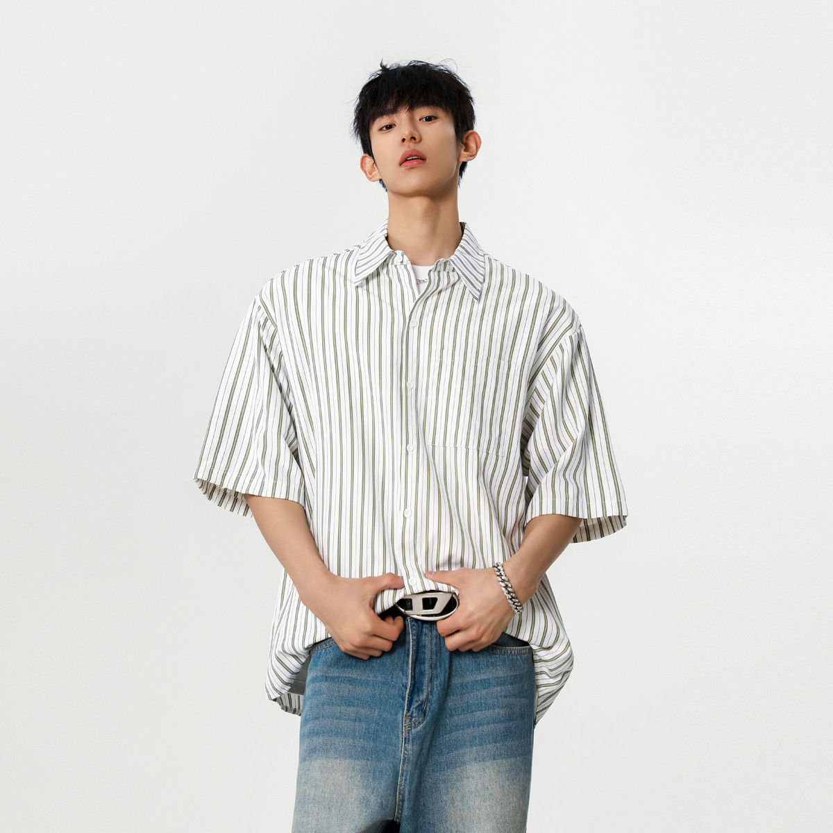 Striped Short-sleeved Shirt Men's Summer New Style Men's Shirt Jacket Men's Summer Loose Casual Half-sleeved Top for Men