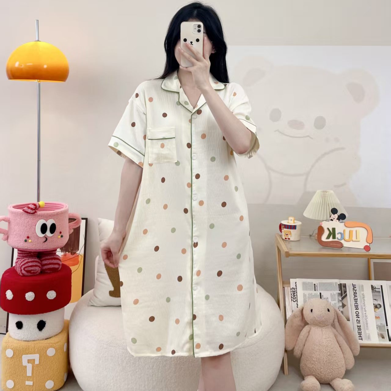 제조업체 라펠 카디건 클라우드 코튼 나이트 가운 여성 여름 잠옷 만화 프린트 홈웨어 새로운 스타일 달콤하고 귀여운