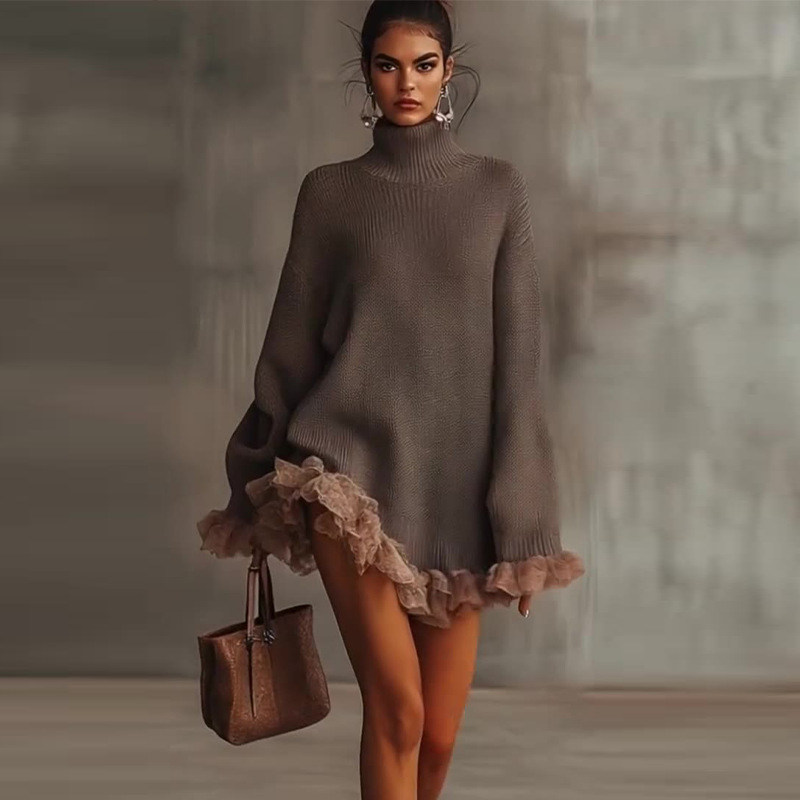 2025 Autumn New Amazon European and American Cross-Border Trade Knitted High-Neck Ruffle Patchwork Long-Sleeve Gray Sweater