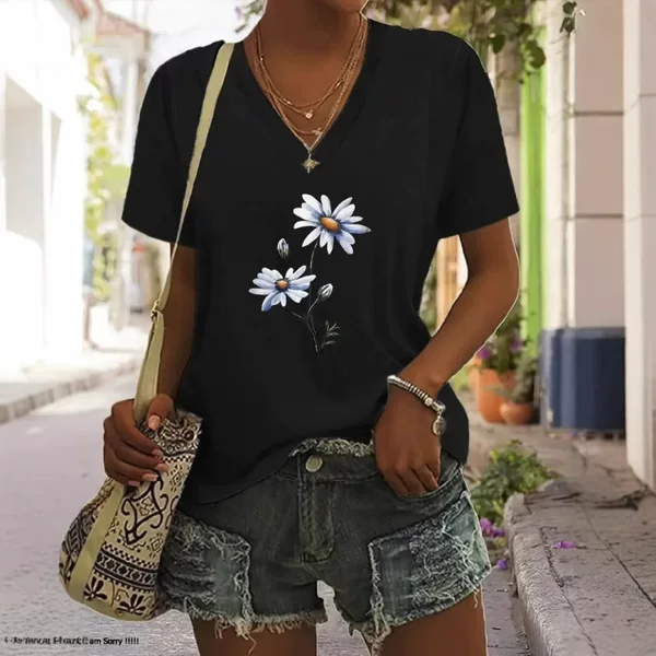 Simple Floral 3D Digital Print In-Stock Women's High Street Fashion Regular Shoulder Loose Breathable Casual V-Neck Short-Sleeve T-Shirt