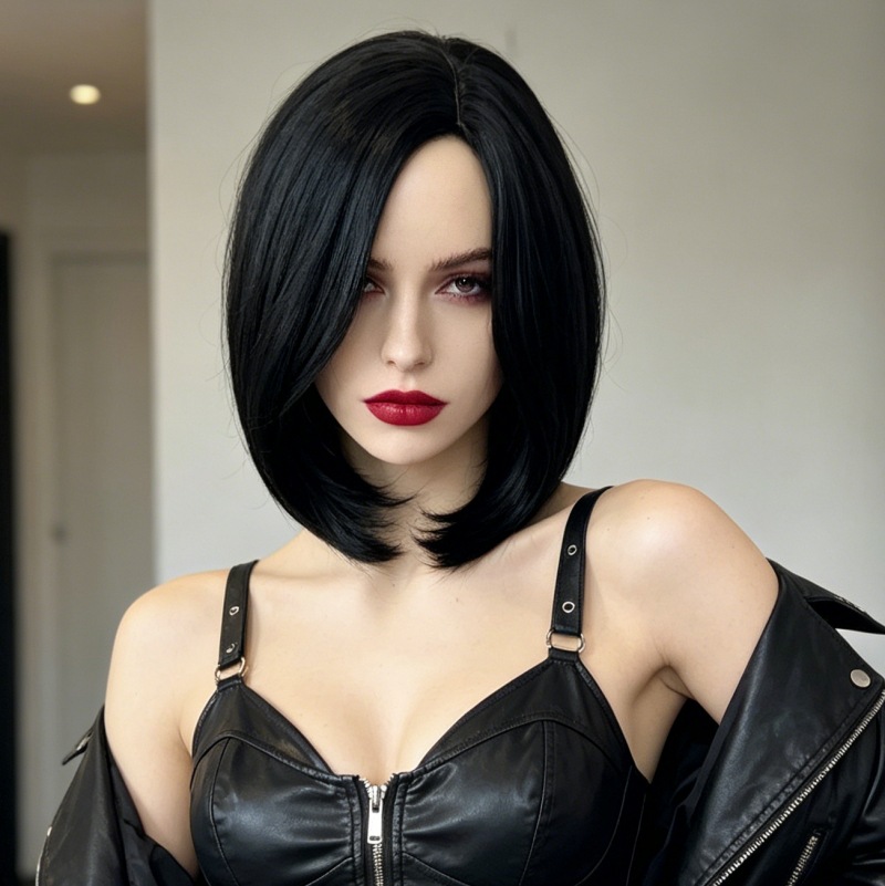 Amazon Cross-Border Synthetic Fiber High-Temperature Silk Wig with Diagonal Bangs and Bob Cut, Popular for Halloween, Full Head Wig