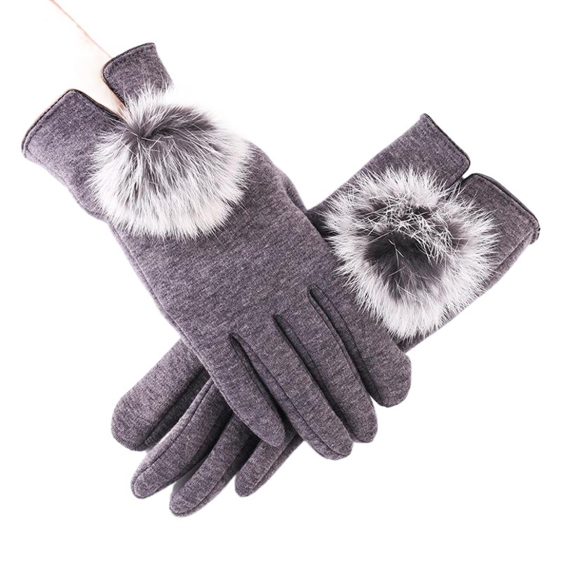 Guantes térmicos de mujer forrados de lana guantes de pantalla táctil al aire libre a prueba de frío Bola de piel de conejo no invertida terciopelo Otoño e Invierno guantes de pantalla táctil