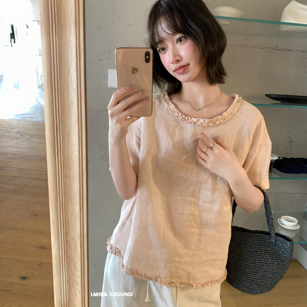 Áo sơ mi ngắn tay cổ tròn chất liệu linen phối ren bèo nhún — trắng ngà, Xanh nước biển, màu hồng, Vàng nhạtcolor