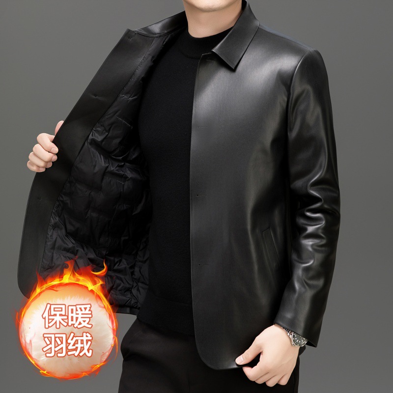 Haining Leather Jacket, Mid-Length, Lapel, Men's, Windproof and Cold-Proof, with Detachable Down Liner, Suitable for Middle-Aged Men.
