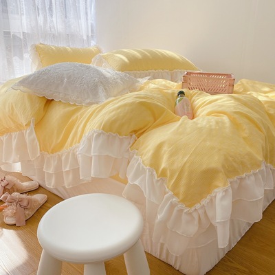 Korean ins Fenghua Hearts pure cotton bedding fresh Thirty-four Set of parts double-deck lace Solid Kit