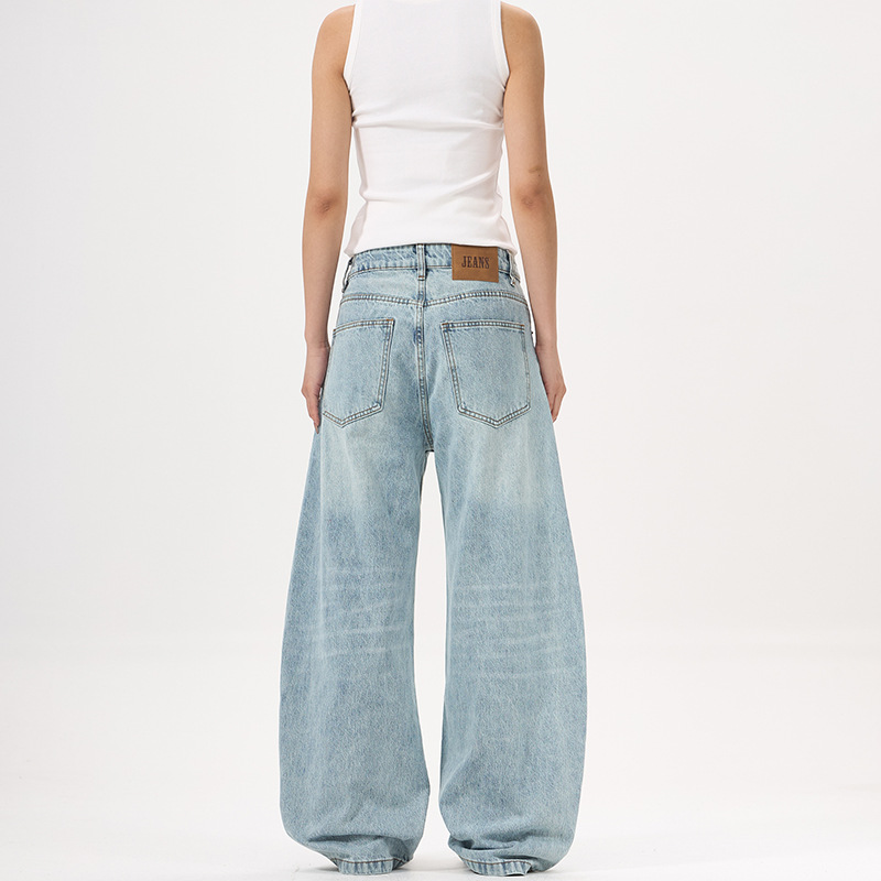 Lktm Men's American High Street Light Blue Slub Denim Jeans Unisex Trendy Brand Slimming Loose Long Pants