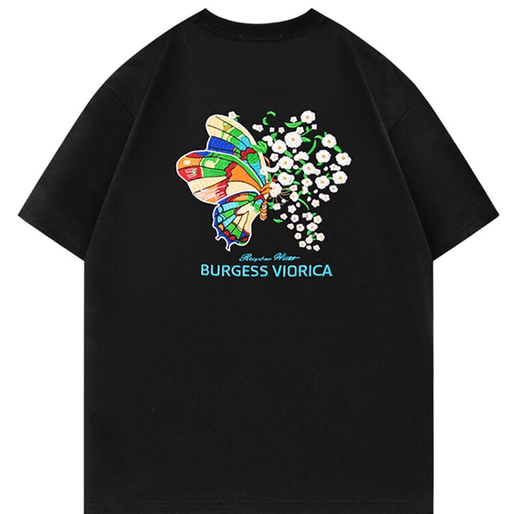 新しい色が変わる蝶夏の新しいTシャツメンズライト高級トレンディブランドヘビーウェイトコットンカップル着用半袖刺繍ショート|undefined
