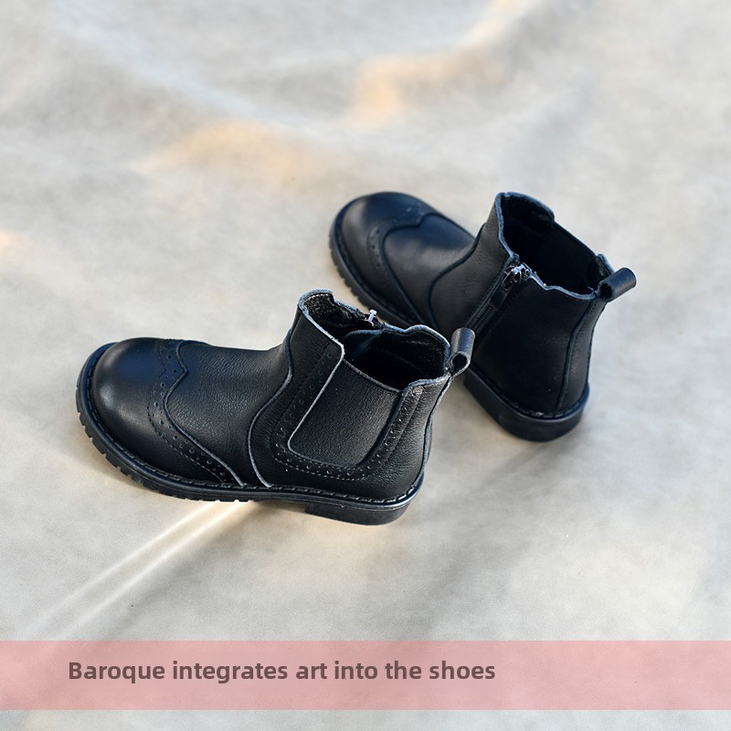 Children's Soft Cowhide Boots Short Boots Autumn and Winter Short Boots Baroque Princess Shoes Soft Black Leather Boots Fashionable Boots Baby Warm_voghion.com