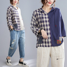 大码女装2025春秋宽松连帽上衣胖mm韩版格子拼接显瘦棉麻T恤卫衣
