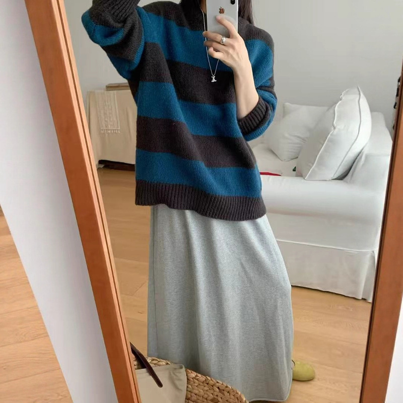 蓝色条纹毛衣女秋冬加厚内搭套头高级感软糯浣熊绒针织打底衫上衣|undefined