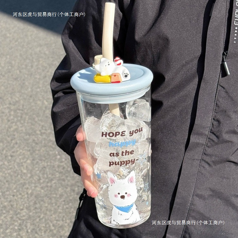 かわいい子犬のグラス大容量2025新型学生高颜値コップストロー付き夏コップ携帯|undefined