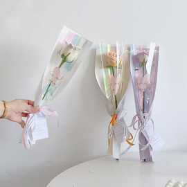 新款幻彩单支袋玫瑰花包装三角袋康乃馨花束包装材料花艺花店diy