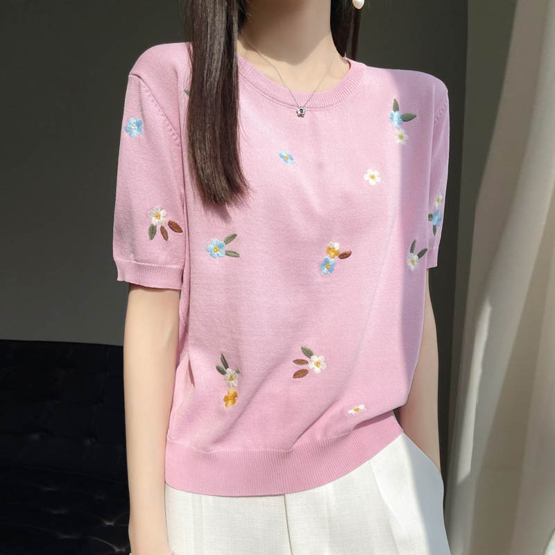 春夏新款甜美减龄刺绣女圆领冰丝针织短袖T恤半袖上衣打底衫|undefined