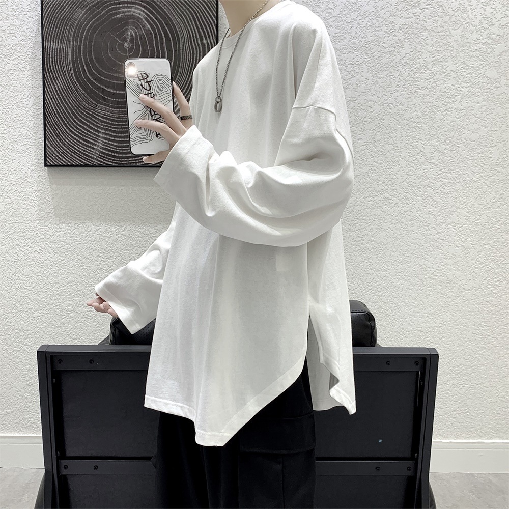 Irregular Long-sleeved T-shirt Men's Trendy All-match Solid Color Base Shirt Trendy Brand ins Hong Kong Style Spring and Autumn Top Loose Sweater