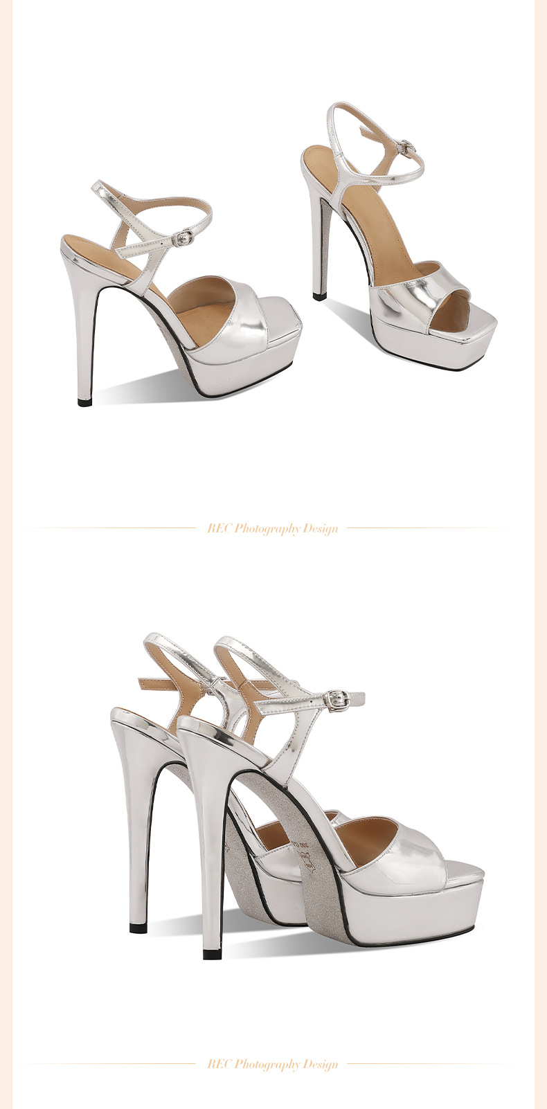Sandal nữ cao gót hở mũi phong cách Âu Mỹ, gót nhọn 13 cm, đế platform, màu bạc — Màu vàng chi tiết 15