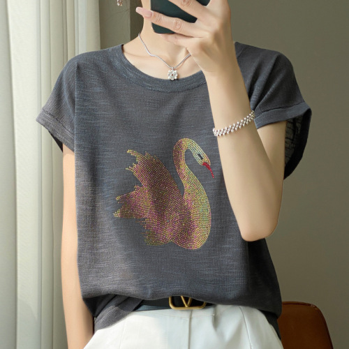 2026 summer new women's clothes new knitted sweater, bamboo hemp short-sleeved shirt, women's T-shirt, women's round collar, hot drilling swan