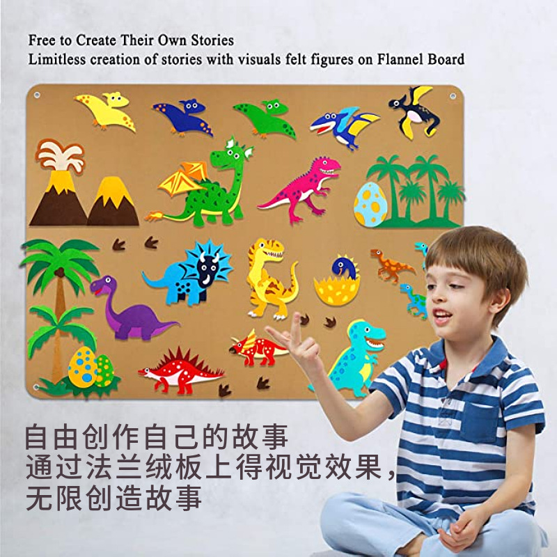 Historia traje de niño en edad escolar colgando dinosaurio storyboard bolsa de juego para niños aprendiendo actividades de narración