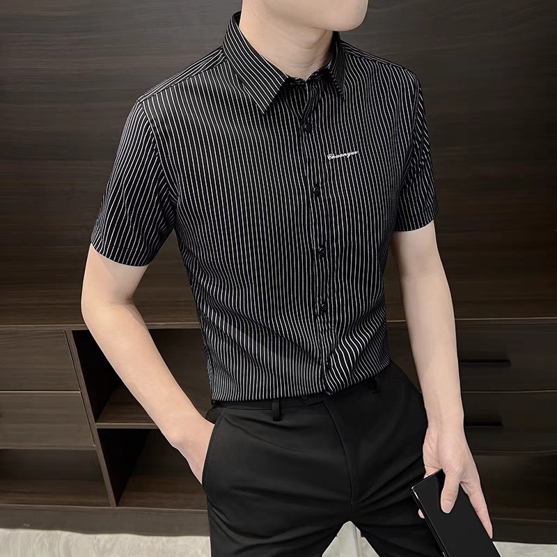 夏薄いハイエンドストライプ半袖アイスシルクシャツメンズ新しいファッショントレンディなブランド紳士服ビジネススリムシャツ|undefined