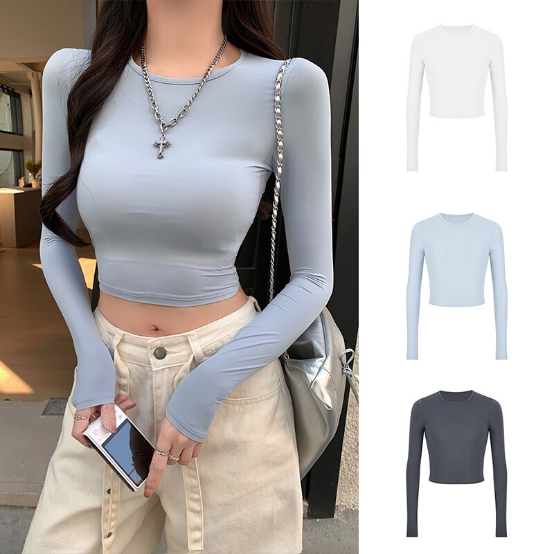 Mosesqueen/American-Style Spicy Girl Sexy Long-Sleeve T-Shirt, Slim Fit, Cropped Top with Exposed Shoulders Mosesqueen/American-Style Spicy Girl Sexy Long-Sleeve T-Shirt, Slim Fit, Cropped Top with Exposed Shoulders