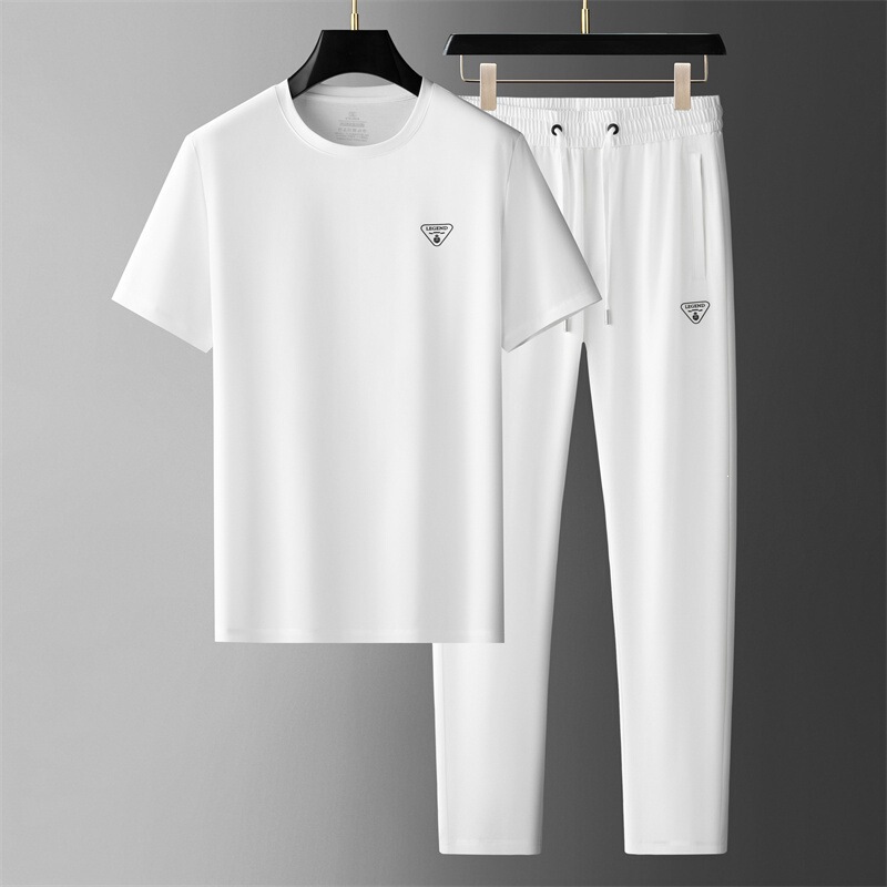 Young men's luxury high-quality ice silk cool short-sleeve suit, summer versatile two-piece set with long pants