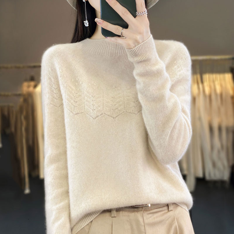 100% pure wool sweater for women, autumn and winter, with a small mock neck, featuring a hollow-out knit design, and a pullover style, perfect as a base layer