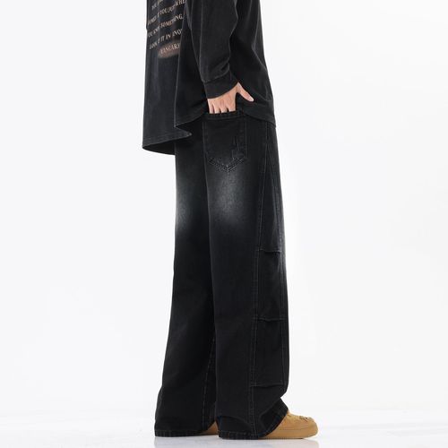 LKTM Men's #American Street Washed Patchwork Denim Pants Men's Loose Drawstring Multi-purpose Wide Leg Casual Long Pants 