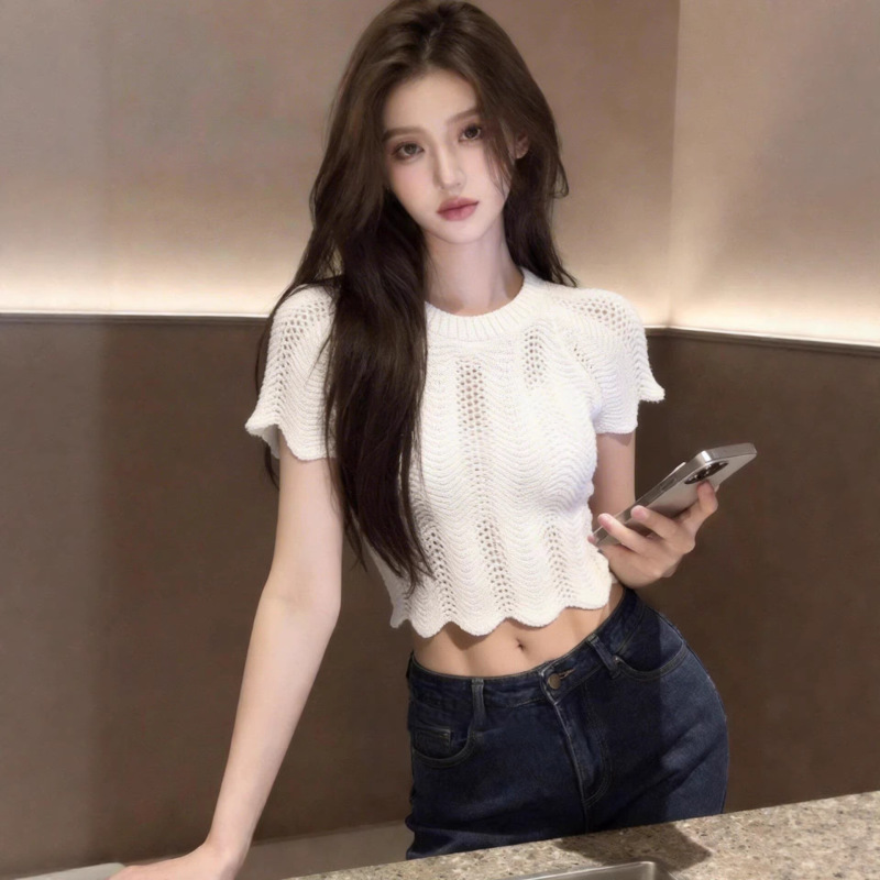 Gorgeous White Slim-Fit Short-Sleeve Knit Top for Women, Spring Ootd Outfit, Spicy Girl Short Crop Top T-Shirt