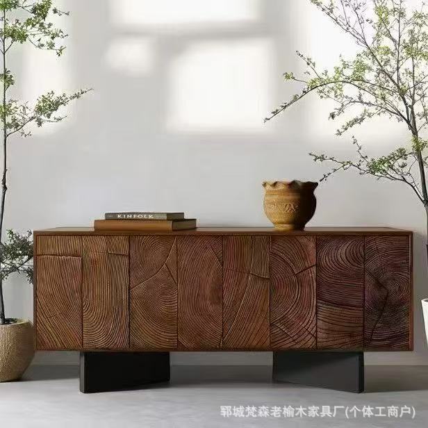 Wabi-Sabi Style Solid Wood Sideboard Old Elm Solid Wood Retro Color Living Room Tv Cabinet Antique Style Floor-Standing Storage Cabinet