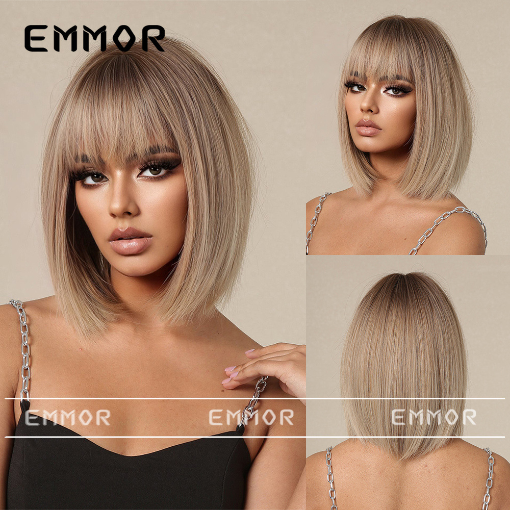 Peluca de pelo corto femenino flequillo recto flor de cerezo Rosa pelo recto onda cabeza alta Cráneo temperamento superior estilo europeo y americano conjunto de peluca superior completa