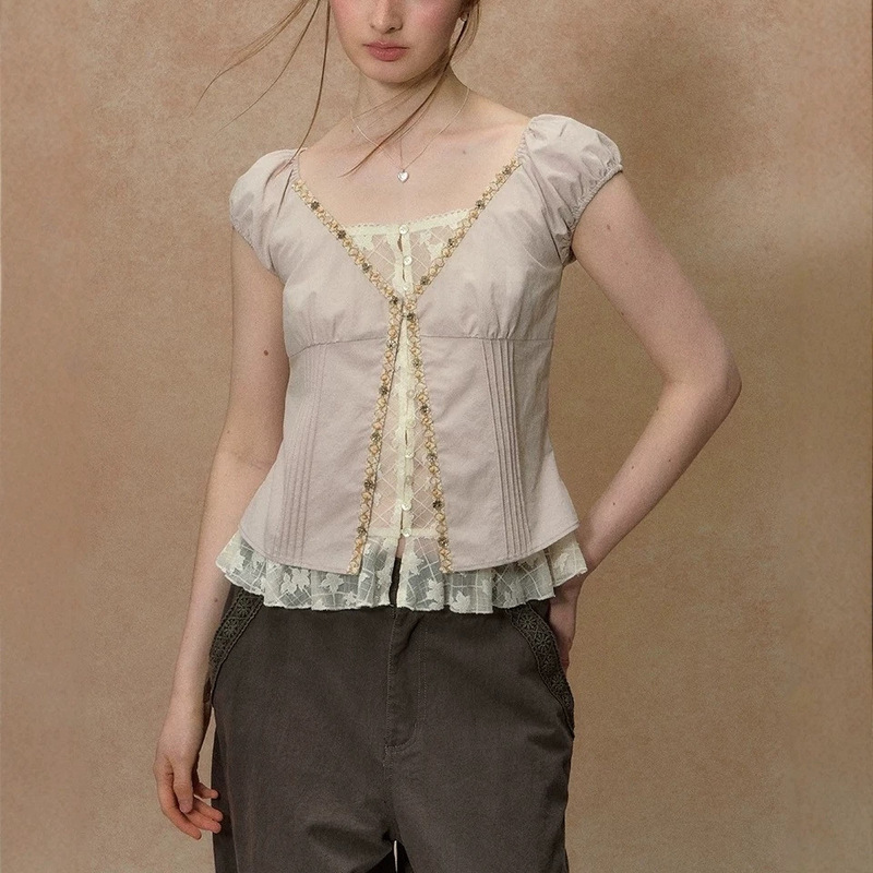 "Broken Shell Path" Shell Lace Blouse for Women, Summer Short-Sleeve Faux Two-Piece Lace Pink Beautiful Top