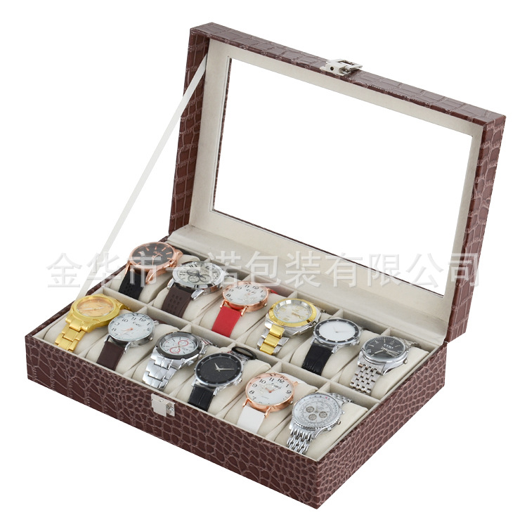 现货批发12位咖啡黑色鳄鱼纹手表盒手表展示箱收纳盒手表箱首饰盒